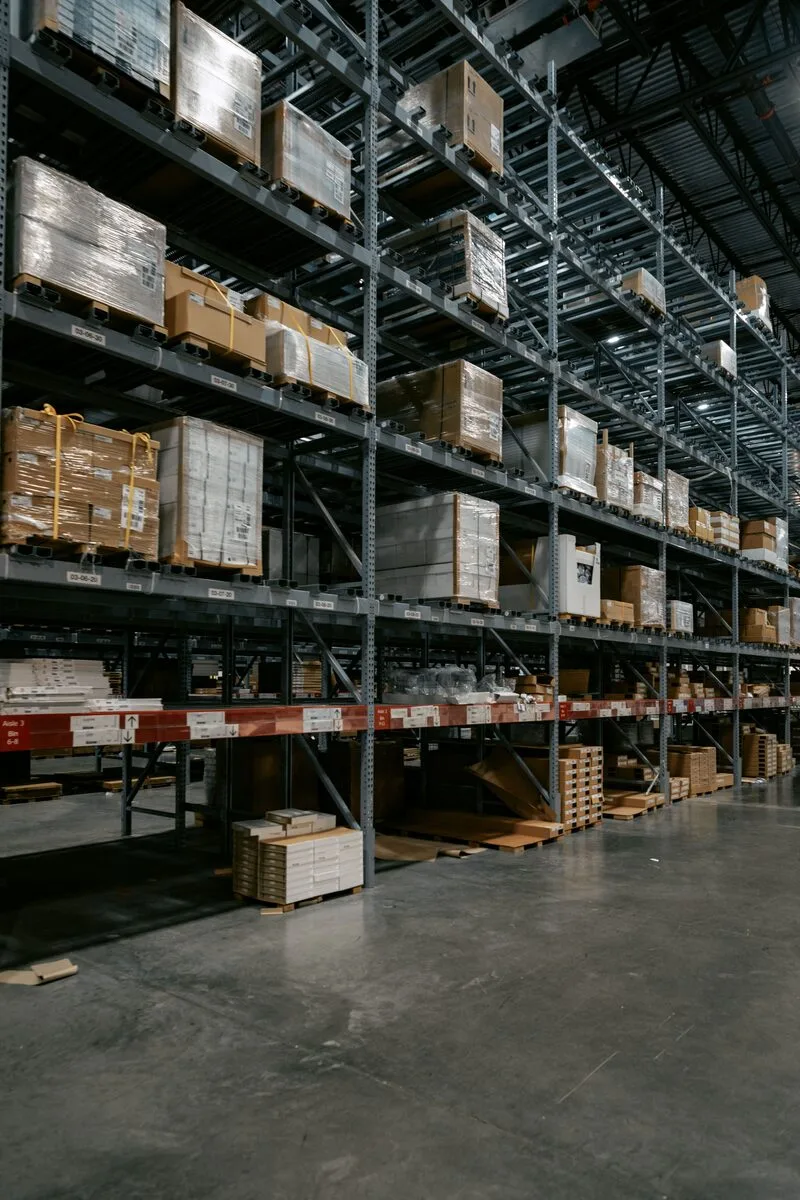 Warehouse racks holding commercial inventory